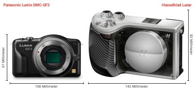 Größenvergleich: Panasonic Lumix DMC-GF3 vs. Hasselblad Lunar