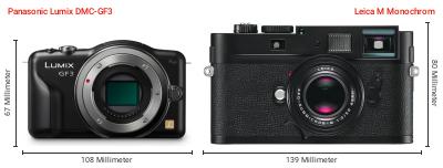 Größenvergleich: Panasonic Lumix DMC-GF3 vs. Leica M Monochrom Größenvergleich: Panasonic Lumix DMC-GF3 vs. Leica M Monochrom