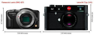 Größenvergleich: Panasonic Lumix DMC-GF3 vs. Leica M (Typ 240) Größenvergleich: Panasonic Lumix DMC-GF3 vs. Leica M (Typ 240)