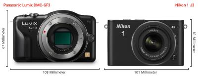 Größenvergleich: Panasonic Lumix DMC-GF3 vs. Nikon 1 J3