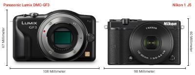 Größenvergleich: Panasonic Lumix DMC-GF3 vs. Nikon 1 J5 Größenvergleich: Panasonic Lumix DMC-GF3 vs. Nikon 1 J5