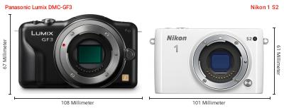 Größenvergleich: Panasonic Lumix DMC-GF3 vs. Nikon 1 S2