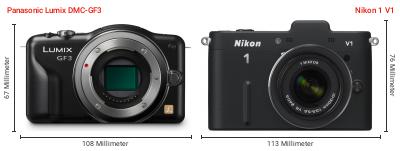 Größenvergleich: Panasonic Lumix DMC-GF3 vs. Nikon 1 V1 Größenvergleich: Panasonic Lumix DMC-GF3 vs. Nikon 1 V1