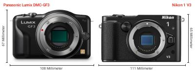 Größenvergleich: Panasonic Lumix DMC-GF3 vs. Nikon 1 V3 Größenvergleich: Panasonic Lumix DMC-GF3 vs. Nikon 1 V3