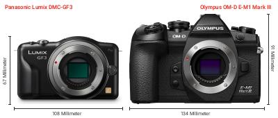 Größenvergleich: Panasonic Lumix DMC-GF3 vs. OM System OM-D E-M1 Mark III