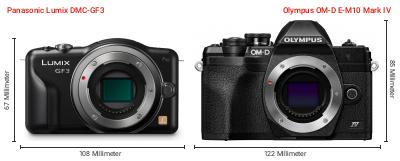 Größenvergleich: Panasonic Lumix DMC-GF3 vs. OM System OM-D E-M10 Mark IV Größenvergleich: Panasonic Lumix DMC-GF3 vs. OM System OM-D E-M10 Mark IV