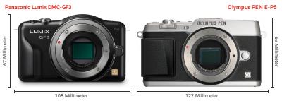 Größenvergleich: Panasonic Lumix DMC-GF3 vs. OM System PEN E-P5 Größenvergleich: Panasonic Lumix DMC-GF3 vs. OM System PEN E-P5