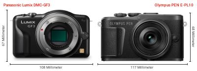 Größenvergleich: Panasonic Lumix DMC-GF3 vs. OM System PEN E-PL10 Größenvergleich: Panasonic Lumix DMC-GF3 vs. OM System PEN E-PL10