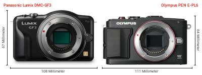 Größenvergleich: Panasonic Lumix DMC-GF3 vs. OM System PEN E-PL6