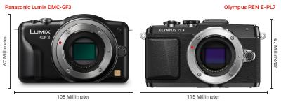 Größenvergleich: Panasonic Lumix DMC-GF3 vs. OM System PEN E-PL7 Größenvergleich: Panasonic Lumix DMC-GF3 vs. OM System PEN E-PL7
