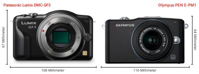 Größenvergleich: Panasonic Lumix DMC-GF3 vs. OM System PEN E-PM1 Größenvergleich: Panasonic Lumix DMC-GF3 vs. OM System PEN E-PM1
