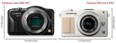 Größenvergleich: Panasonic Lumix DMC-GF3 vs. OM System PEN mini E-PM2 Größenvergleich: Panasonic Lumix DMC-GF3 vs. OM System PEN mini E-PM2