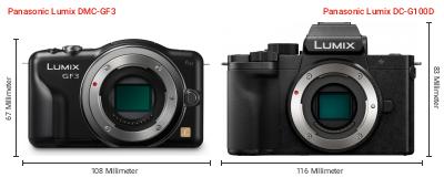 Größenvergleich: Panasonic Lumix DMC-GF3 vs. Panasonic Lumix DC-G100D Größenvergleich: Panasonic Lumix DMC-GF3 vs. Panasonic Lumix DC-G100D