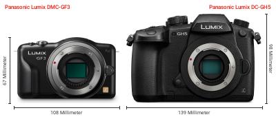 Größenvergleich: Panasonic Lumix DMC-GF3 vs. Panasonic Lumix DC-GH5 Größenvergleich: Panasonic Lumix DMC-GF3 vs. Panasonic Lumix DC-GH5