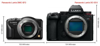 Größenvergleich: Panasonic Lumix DMC-GF3 vs. Panasonic Lumix DC-S5 II Größenvergleich: Panasonic Lumix DMC-GF3 vs. Panasonic Lumix DC-S5 II
