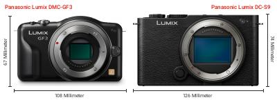 Größenvergleich: Panasonic Lumix DMC-GF3 vs. Panasonic Lumix DC-S9 Größenvergleich: Panasonic Lumix DMC-GF3 vs. Panasonic Lumix DC-S9