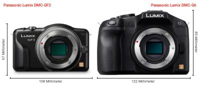 Größenvergleich: Panasonic Lumix DMC-GF3 vs. Panasonic Lumix DMC-G6 Größenvergleich: Panasonic Lumix DMC-GF3 vs. Panasonic Lumix DMC-G6