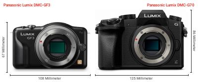 Größenvergleich: Panasonic Lumix DMC-GF3 vs. Panasonic Lumix DMC-G70 Größenvergleich: Panasonic Lumix DMC-GF3 vs. Panasonic Lumix DMC-G70