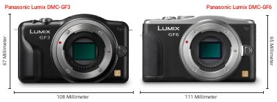 Größenvergleich: Panasonic Lumix DMC-GF3 vs. Panasonic Lumix DMC-GF6 Größenvergleich: Panasonic Lumix DMC-GF3 vs. Panasonic Lumix DMC-GF6