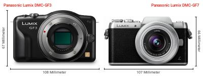 Größenvergleich: Panasonic Lumix DMC-GF3 vs. Panasonic Lumix DMC-GF7 Größenvergleich: Panasonic Lumix DMC-GF3 vs. Panasonic Lumix DMC-GF7