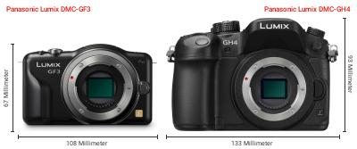 Größenvergleich: Panasonic Lumix DMC-GF3 vs. Panasonic Lumix DMC-GH4 Größenvergleich: Panasonic Lumix DMC-GF3 vs. Panasonic Lumix DMC-GH4