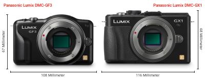 Größenvergleich: Panasonic Lumix DMC-GF3 vs. Panasonic Lumix DMC-GX1 Größenvergleich: Panasonic Lumix DMC-GF3 vs. Panasonic Lumix DMC-GX1