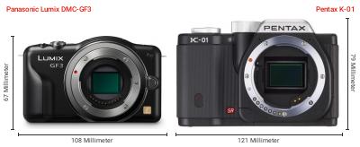 Größenvergleich: Panasonic Lumix DMC-GF3 vs. Pentax K-01 Größenvergleich: Panasonic Lumix DMC-GF3 vs. Pentax K-01