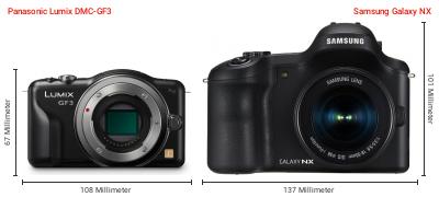 Größenvergleich: Panasonic Lumix DMC-GF3 vs. Samsung Galaxy NX Größenvergleich: Panasonic Lumix DMC-GF3 vs. Samsung Galaxy NX
