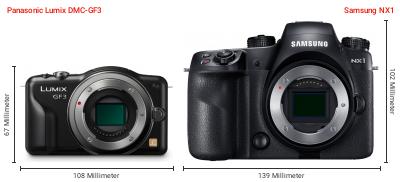 Größenvergleich: Panasonic Lumix DMC-GF3 vs. Samsung NX1 Größenvergleich: Panasonic Lumix DMC-GF3 vs. Samsung NX1