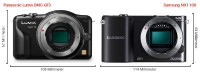 Größenvergleich: Panasonic Lumix DMC-GF3 vs. Samsung NX1100 Größenvergleich: Panasonic Lumix DMC-GF3 vs. Samsung NX1100