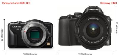 Größenvergleich: Panasonic Lumix DMC-GF3 vs. Samsung NX20 Größenvergleich: Panasonic Lumix DMC-GF3 vs. Samsung NX20