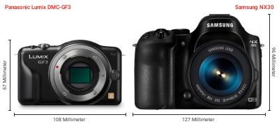 Größenvergleich: Panasonic Lumix DMC-GF3 vs. Samsung NX30