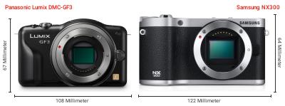 Größenvergleich: Panasonic Lumix DMC-GF3 vs. Samsung NX300 Größenvergleich: Panasonic Lumix DMC-GF3 vs. Samsung NX300