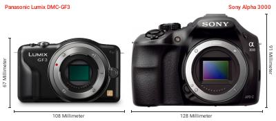 Größenvergleich: Panasonic Lumix DMC-GF3 vs. Sony Alpha 3000 Größenvergleich: Panasonic Lumix DMC-GF3 vs. Sony Alpha 3000