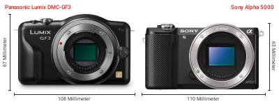 Größenvergleich: Panasonic Lumix DMC-GF3 vs. Sony Alpha 5000 Größenvergleich: Panasonic Lumix DMC-GF3 vs. Sony Alpha 5000