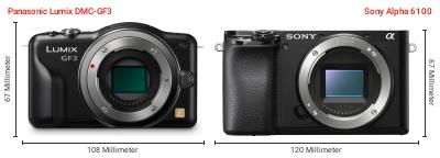 Größenvergleich: Panasonic Lumix DMC-GF3 vs. Sony Alpha 6100 Größenvergleich: Panasonic Lumix DMC-GF3 vs. Sony Alpha 6100
