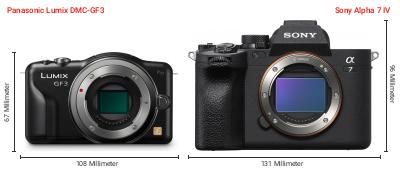 Größenvergleich: Panasonic Lumix DMC-GF3 vs. Sony Alpha 7 IV Größenvergleich: Panasonic Lumix DMC-GF3 vs. Sony Alpha 7 IV
