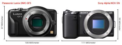 Größenvergleich: Panasonic Lumix DMC-GF3 vs. Sony Alpha NEX-5N Größenvergleich: Panasonic Lumix DMC-GF3 vs. Sony Alpha NEX-5N
