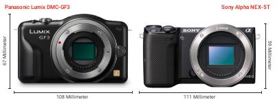 Größenvergleich: Panasonic Lumix DMC-GF3 vs. Sony Alpha NEX-5T Größenvergleich: Panasonic Lumix DMC-GF3 vs. Sony Alpha NEX-5T