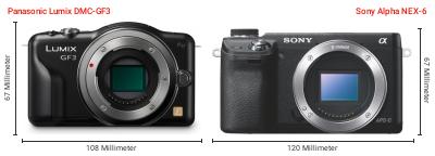 Größenvergleich: Panasonic Lumix DMC-GF3 vs. Sony Alpha NEX-6 Größenvergleich: Panasonic Lumix DMC-GF3 vs. Sony Alpha NEX-6