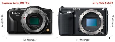 Größenvergleich: Panasonic Lumix DMC-GF3 vs. Sony Alpha NEX-F3 Größenvergleich: Panasonic Lumix DMC-GF3 vs. Sony Alpha NEX-F3