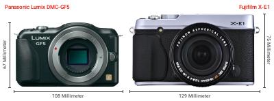 Größenvergleich: Panasonic Lumix DMC-GF5 vs. Fujifilm X-E1 Größenvergleich: Panasonic Lumix DMC-GF5 vs. Fujifilm X-E1