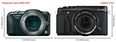Größenvergleich: Panasonic Lumix DMC-GF5 vs. Fujifilm X-E2 Größenvergleich: Panasonic Lumix DMC-GF5 vs. Fujifilm X-E2