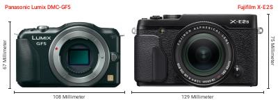 Größenvergleich: Panasonic Lumix DMC-GF5 vs. Fujifilm X-E2S Größenvergleich: Panasonic Lumix DMC-GF5 vs. Fujifilm X-E2S