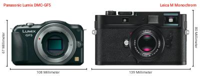 Größenvergleich: Panasonic Lumix DMC-GF5 vs. Leica M Monochrom Größenvergleich: Panasonic Lumix DMC-GF5 vs. Leica M Monochrom
