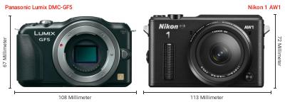 Größenvergleich: Panasonic Lumix DMC-GF5 vs. Nikon 1 AW1 Größenvergleich: Panasonic Lumix DMC-GF5 vs. Nikon 1 AW1