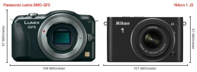 Größenvergleich: Panasonic Lumix DMC-GF5 vs. Nikon 1 J3