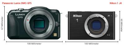 Größenvergleich: Panasonic Lumix DMC-GF5 vs. Nikon 1 J4