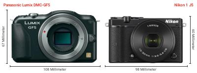Größenvergleich: Panasonic Lumix DMC-GF5 vs. Nikon 1 J5 Größenvergleich: Panasonic Lumix DMC-GF5 vs. Nikon 1 J5