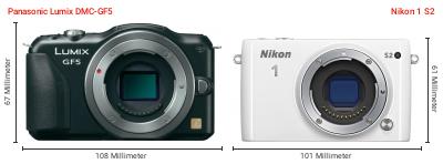 Größenvergleich: Panasonic Lumix DMC-GF5 vs. Nikon 1 S2 Größenvergleich: Panasonic Lumix DMC-GF5 vs. Nikon 1 S2
